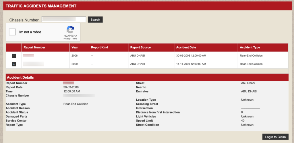 How to check car accident history via Emirates Vehicle Gate (EVG); screenshot of the EVG website showing a list of a vehicle’s previous reported accidents.