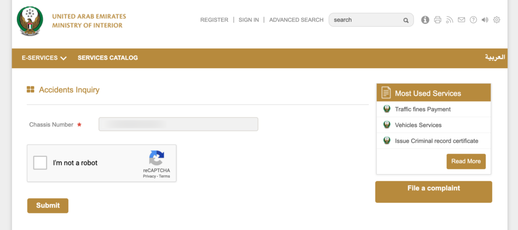 How to check car accident history in UAE via Ministry of Interior (MOI); screenshot of using the MOI website for checking car history in the UAE by entering the VIN.