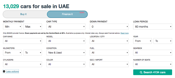 How to get a car on finance using different car option filters on the DubiCars website for finding and choosing a car for sale on finance.