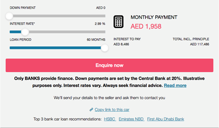 How to get a car on finance online with options to select different down payment, interest rate and loan period car finance options on the DubiCars website.