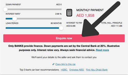 How to apply for car finance online on the DubiCars website by selecting 'enquire now' once you've found the right car finance option to send your finance lead to the seller.