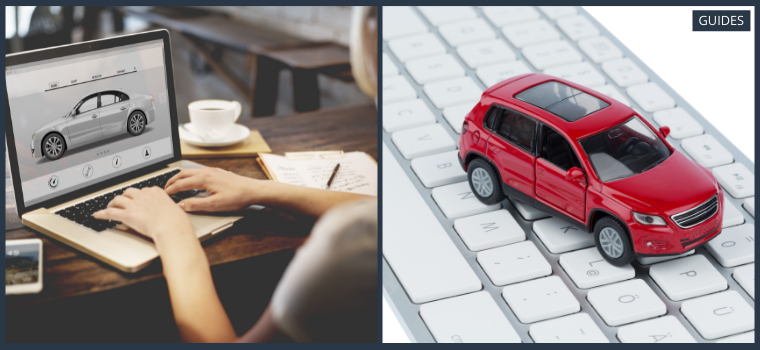 how to sell a used car online fast ; someone looks up how to sell a used car online with an image of a red car for sale on the right